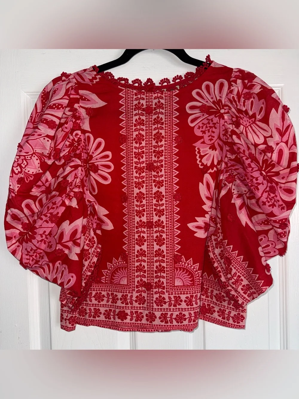 FARM RIO Flora Tapestry Appliqué Puff Sleeve Red Beaded Button Back Blouse XS S